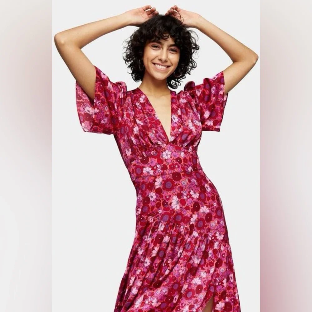 Topshop Willow Pink Floral Angel Sleeve Midi Dress US 4 UK 8 - Picture 2 of 9